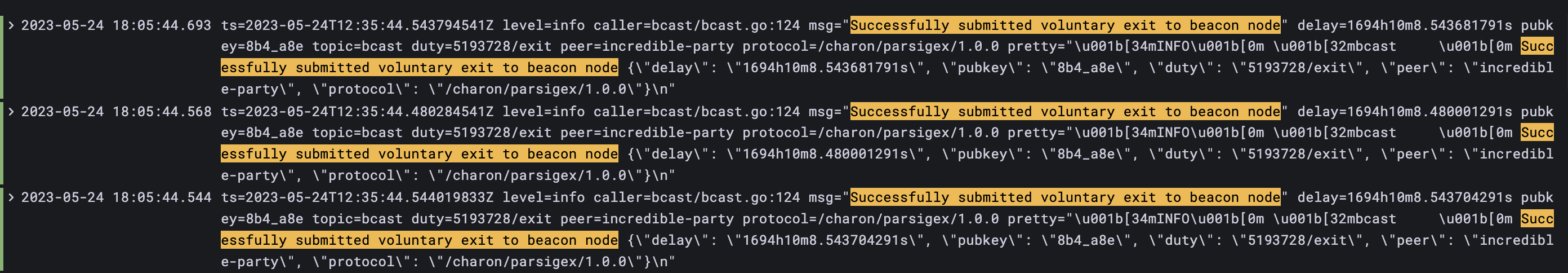 Screenshot: At this point, the threshold of 3 has been reached and the validator exit process will start. The logs will show the following.